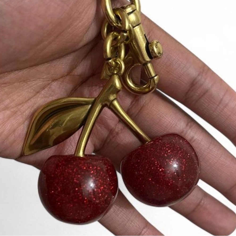 Cherry Keychain Bag Charm in Gold and Glitter Red